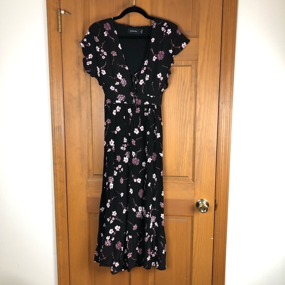 MinkPink Black Floral Ruffle Maxi Dress M